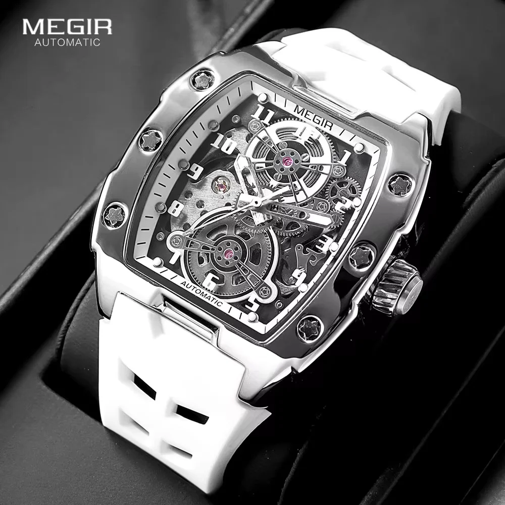 2024 New Brand MEGIR Luxury Automatic Watches Men Sports White Silicone Strap Tourbillon Mechanical Wristwatch Man Reloj Hombre