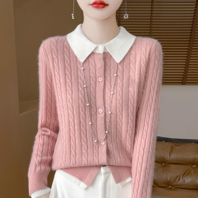 Autumn and winter new women\'s sweater 100% Merino wool lapel floral cardigan matching color fake two high-grade wind knit shirts
