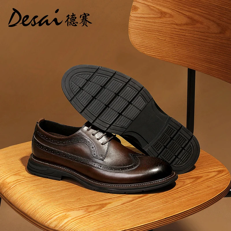 DESAI Men Shoes Genuine Leather Derby Design Shoes For Men Formal Work Dress Casual Bullock Brogue 2024 New Arrival High Quality