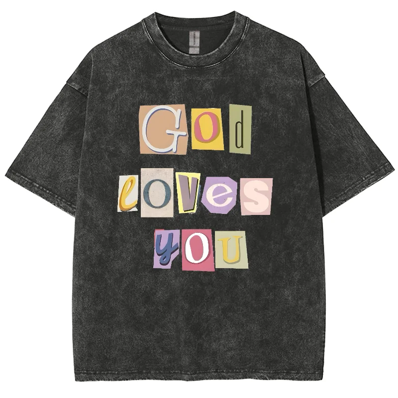 

God Loves You Hand Painted Letter Print Black Women T-Shirt Washed Denim Cotton Loose Short Sleeve Cute Fashion Pretty Top Y2k