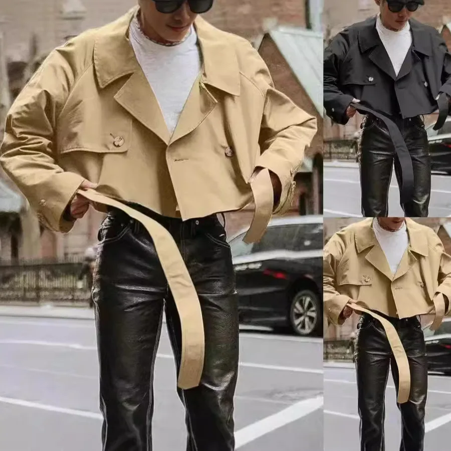 Commute Streetwear Jackets Men Solid Color Long Sleeve Loose with Belt Coat Fashion Casual Lapel Tooling Short Style Trench Coat