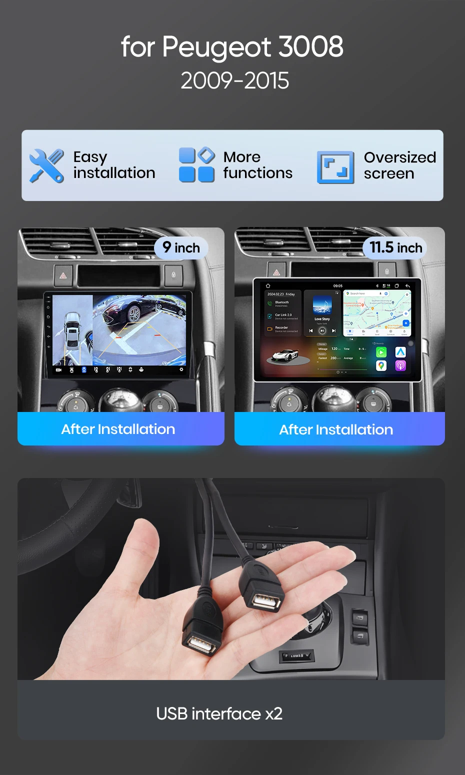 Junsun Android Auto Autoradio für Peugeot 3008 2009 2010 2011 2012 2013 2014 2015 Multimedia Wireless Apple CarPlay Smart Intelligent Systems IPS Touchscreen Stereo Video Player 2 Din Autoradio Head Unit Navigation BT GPS 4G WIFI FM AM DSP RDS SWC – Detail 2
