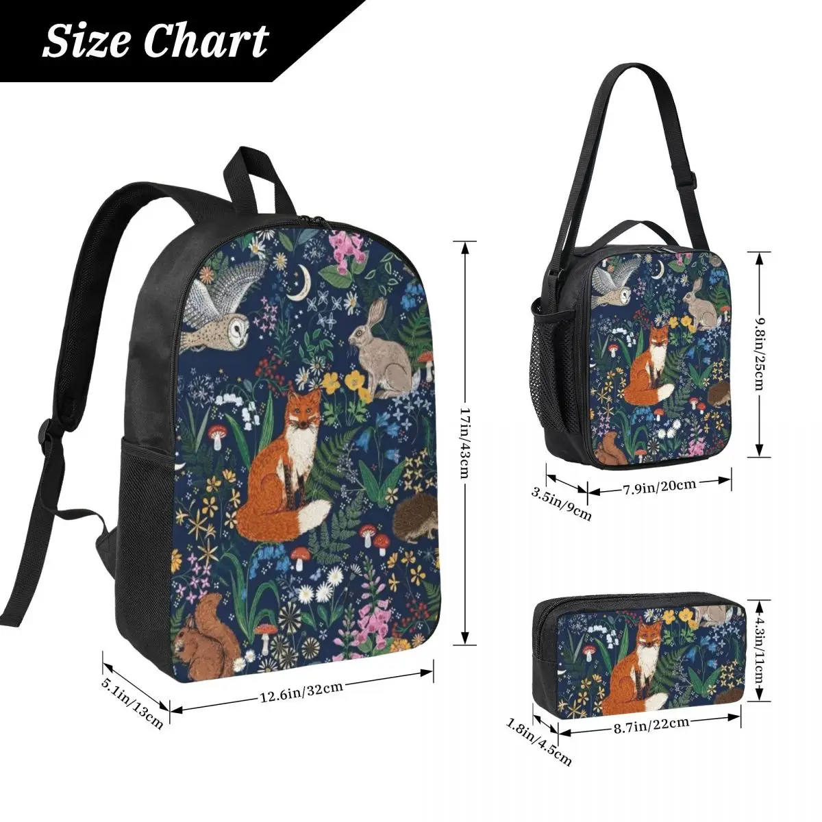 Cute Fox With Plant Pattern Backpack Student BookBag School Bag Computer Shoulder Bags 3ps Insulated Lunch Bag Pencil Case