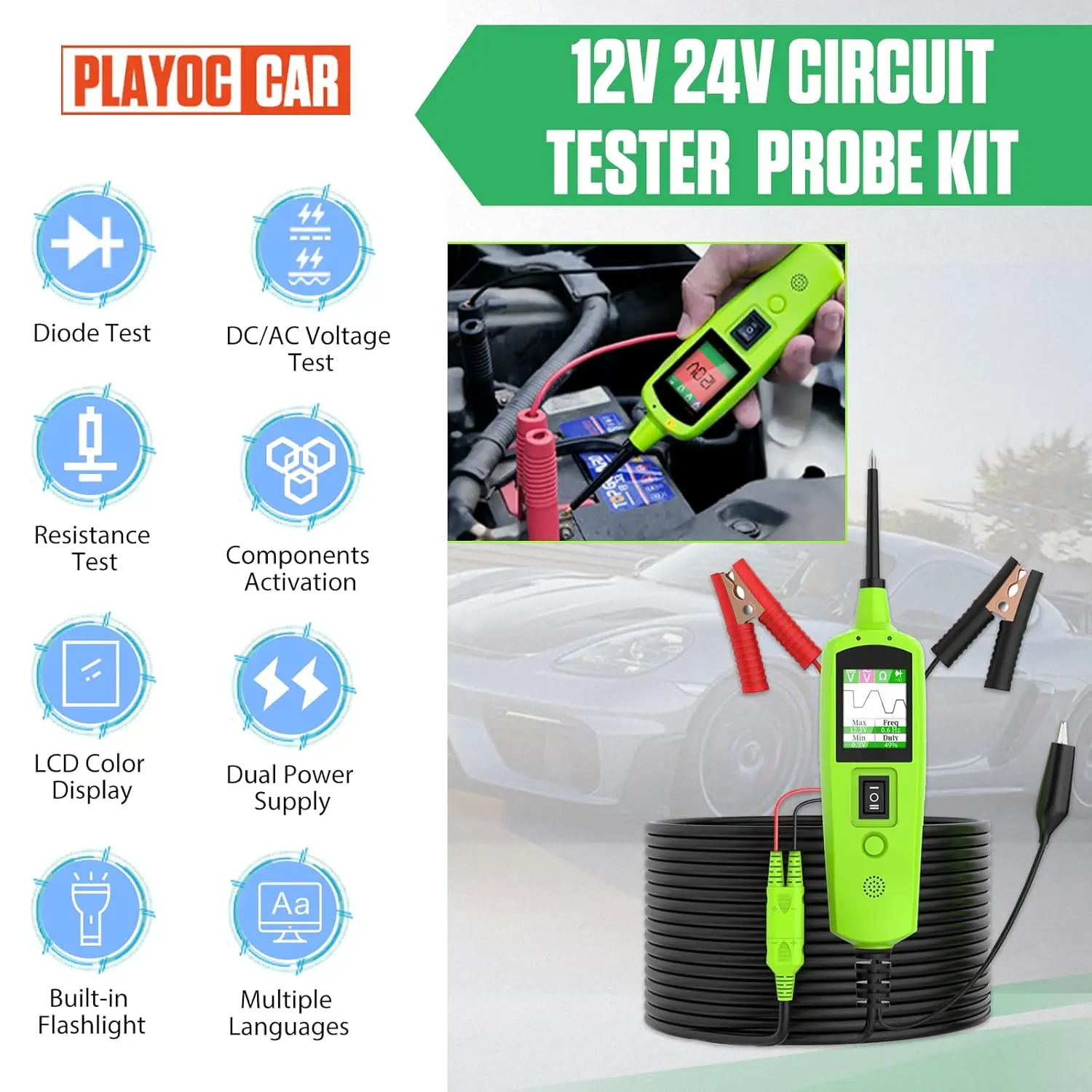 Kit sonda tester circuito automobilistico, tester di tensione 12V 24V con torcia per test CA/CC, resistenza eodi