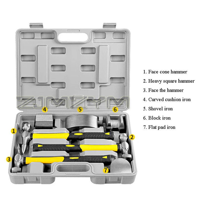 7 Pieces/set Dent Repair Hammer Car Auto Body Panel Repair Kit Plastic Box Heavy Duty Auto Panel Beater Sheet Metal Tool Hammer