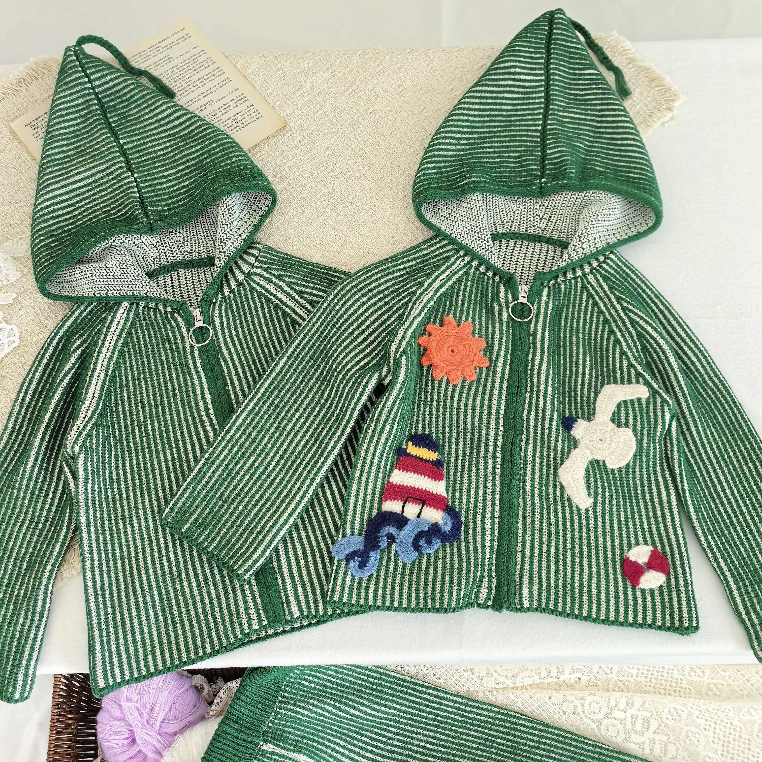 Baby Hooded Knit Top with 3D Cartoon Embroidery, Long Sleeve Zipper Striped Sweater for Infant Toddler Boys Girls Spring Autumn