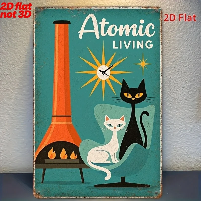 Plaques And Wall Art Outdoor Decor Retro Atomic Life Sign Mid Modern Style Metal Wall Decor Black And White And Atomic Flame