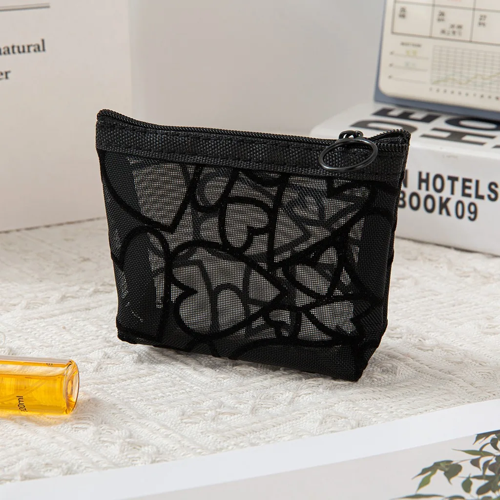 Net Heart Shaped Makeup Bag for Women Girl Multi Functional Portable Visual Storage Bag Simple Large Capacity Cosmetics Bag
