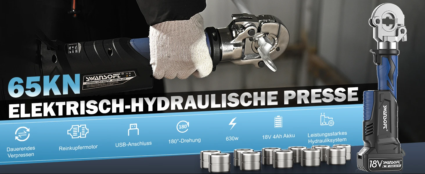 SWANSOFT 600B Elektrisches Hydraulisches Kabelendverpresswerkzeug, 65KN Maximaler Presskraft, 18V 4AH*2 Akku, Hydraulischer Drahtpresser – Detail 1