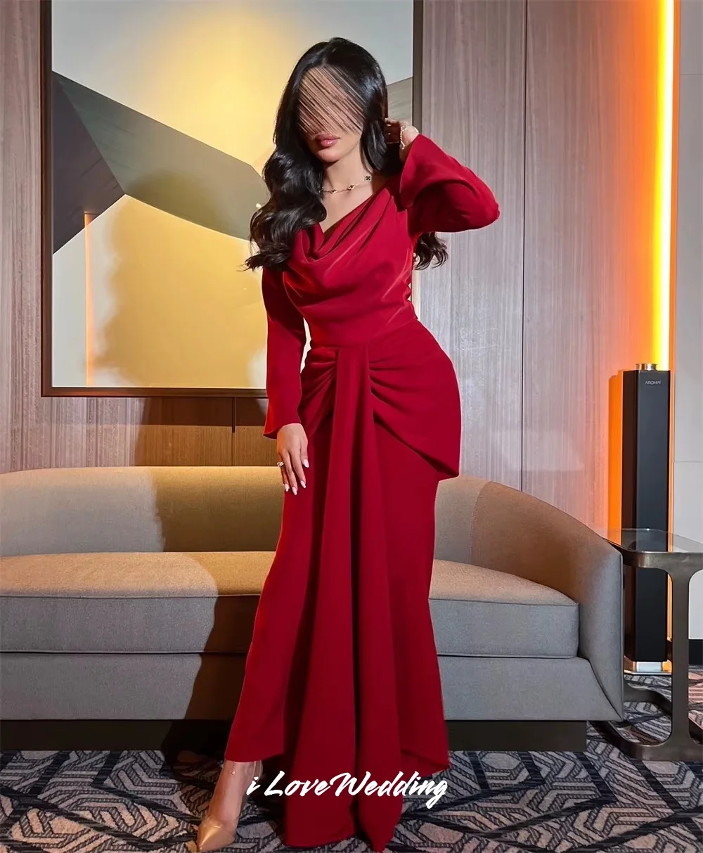 

Red V-Neck Prom Dresses 2025 Satin Long Sleeve Mermaid Ankle-Length Pleat Evening Dress Dresses For Special Occasions Customized