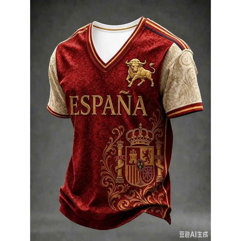 2026 Unisex Espana 3D Printed Football Jersey Spanish Bull Emblem Graphic Short Sleeve Fan Sports Breathable Streetwear Tops