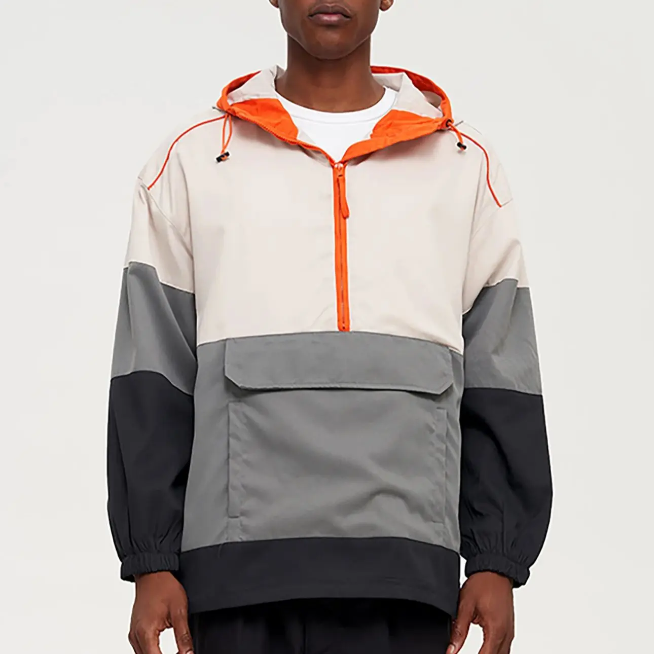 Men's Spring Summer Solid Color Splicing Casual High Collar Hooded Jacket Windproof Rainproof Lightweight Outdoor Sportswear