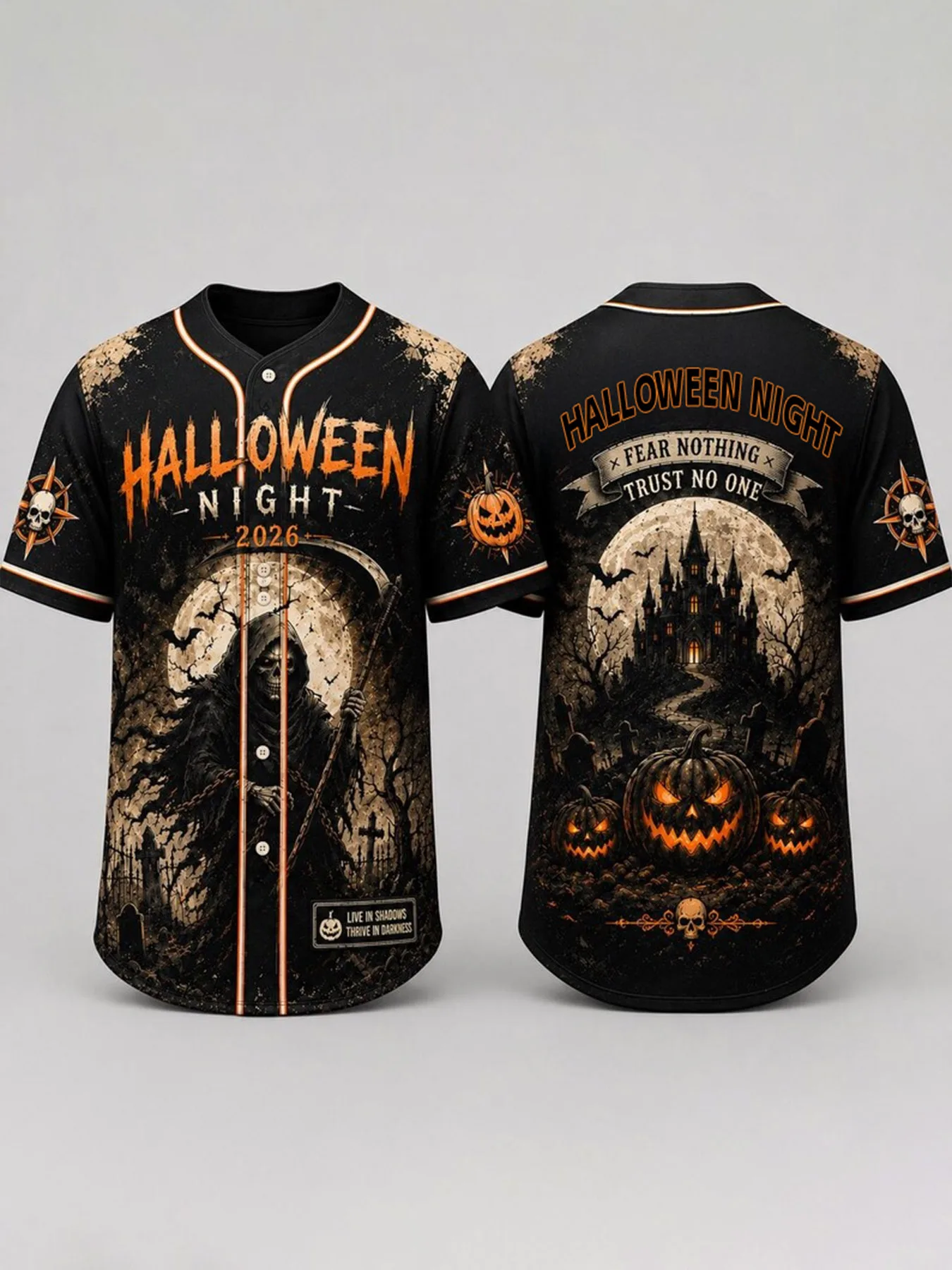 Customization Men'S Short-Sleeve Baseball Jersey, Halloween Theme, Castle Pumpkin Bat Print