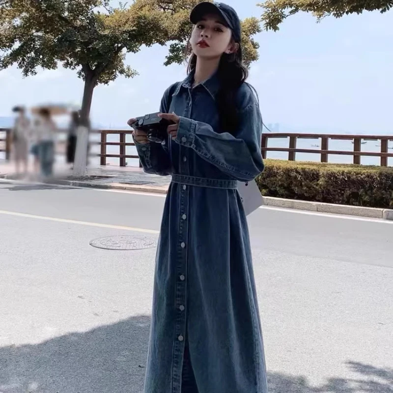 Vintage sle longo sve denim dr solto casual irt dr efeito de emagrecimento feminino primavera outono faion commute dr