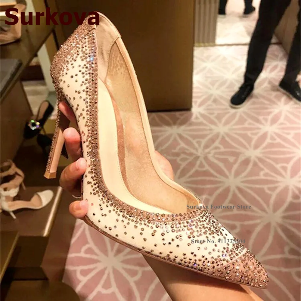 Surkova scarpe eleganti con tacco a spillo in cristallo a rete décolleté da sposa con strass scintillanti rosa Champagne tacchi bassi da sera Slip-on