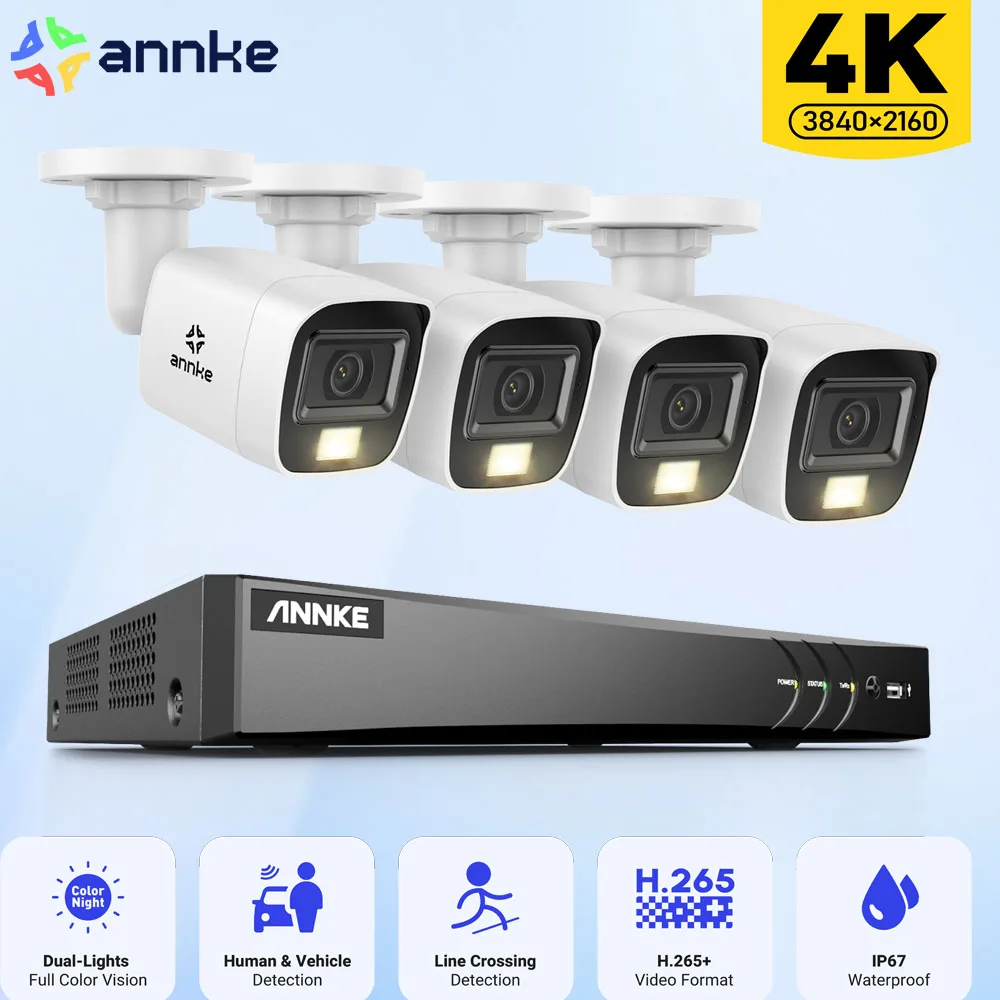 

ANNKE 8MP cctv camera security system kit H.265+ 4K 5 in 1 TVI/AHD/CVI/CVBS/IPC Input 8CH DVR With 4pcs IR+white Light Camera