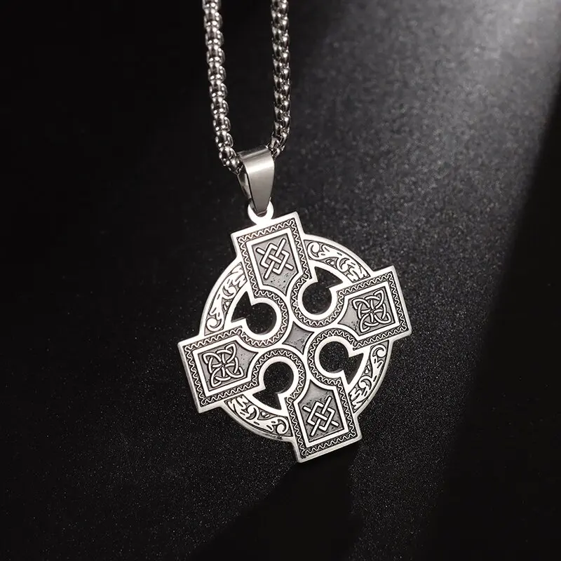 Stainless Steel Amulet Celtic Knot Irish Cross Pendant Necklace for Men Women Fashionista Transfer Jewelry