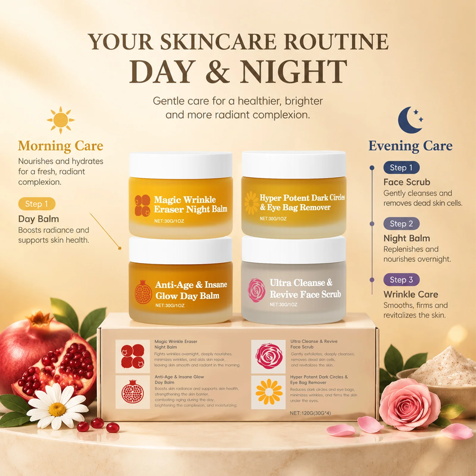 Day Night Skincare Set Anti Wrinkles Exfoliating Face Scrub Glow Brighten Dullness Face Cream Nourishing Daily Skin Care Routine