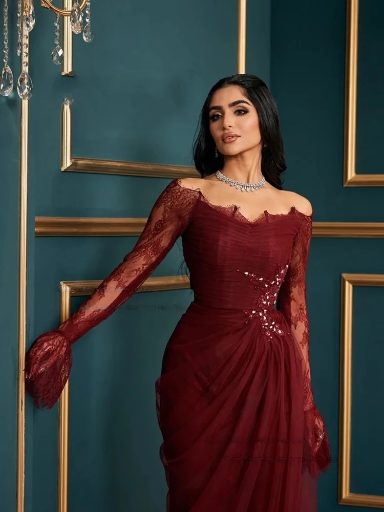 

Wine Red Lace Long Sleeve Evening Dress 2025 Elegant Mermaid Formal Gown Sequins Party Prom Dress V-Neck Backless Floor-Length