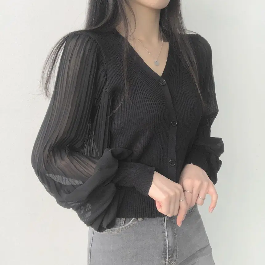 V Neck Solid Button Pleated Patchwork Temperament Tops Spring Autumn Long Sleeve Elegant T Shirts Fashion Korean Women Clothing 18 S4a2d35e8486e43249e1b6f812e95a1e4Q