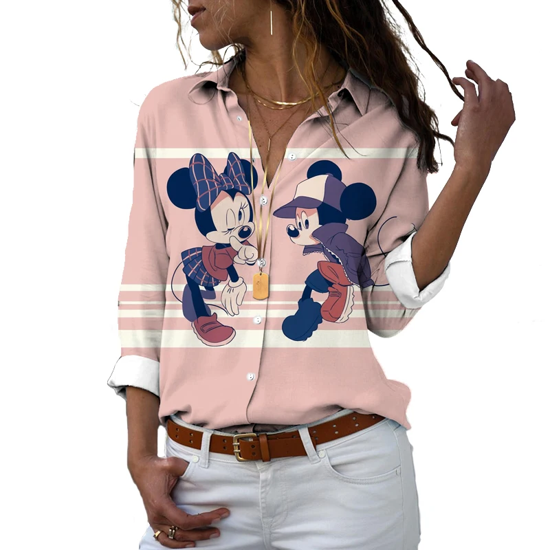 Disney Autumn Shirt Fashion Street 3D Printed Men Women Long Sleeve Single Breasted Lapel Mickey Minnie Casual Cute Shirt 2024