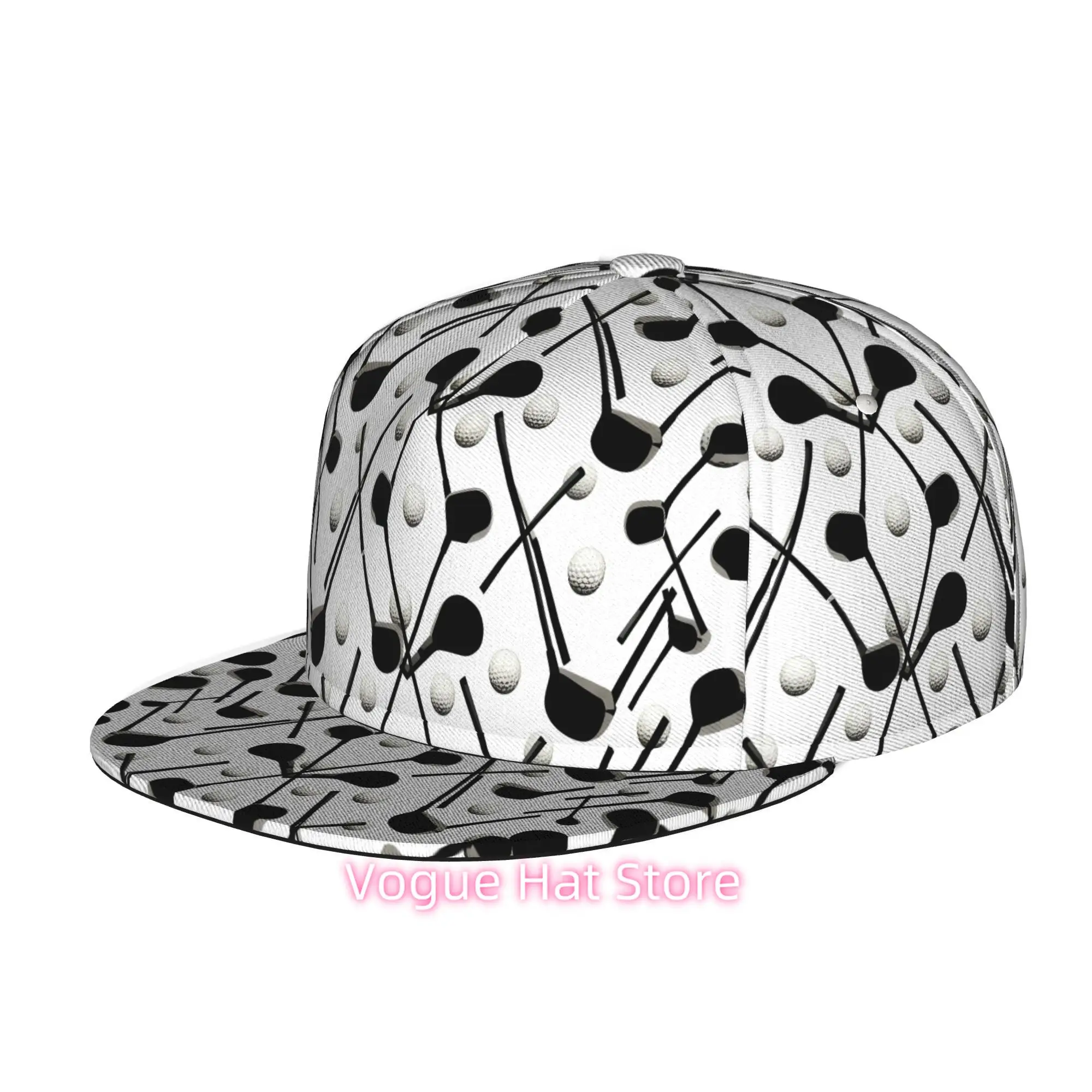 Baseball Cap Featuring a Design of Golf Clubs And Balls, Suitable for Both Men And Women. This Unisex Flat Brim Snapback Hat Is