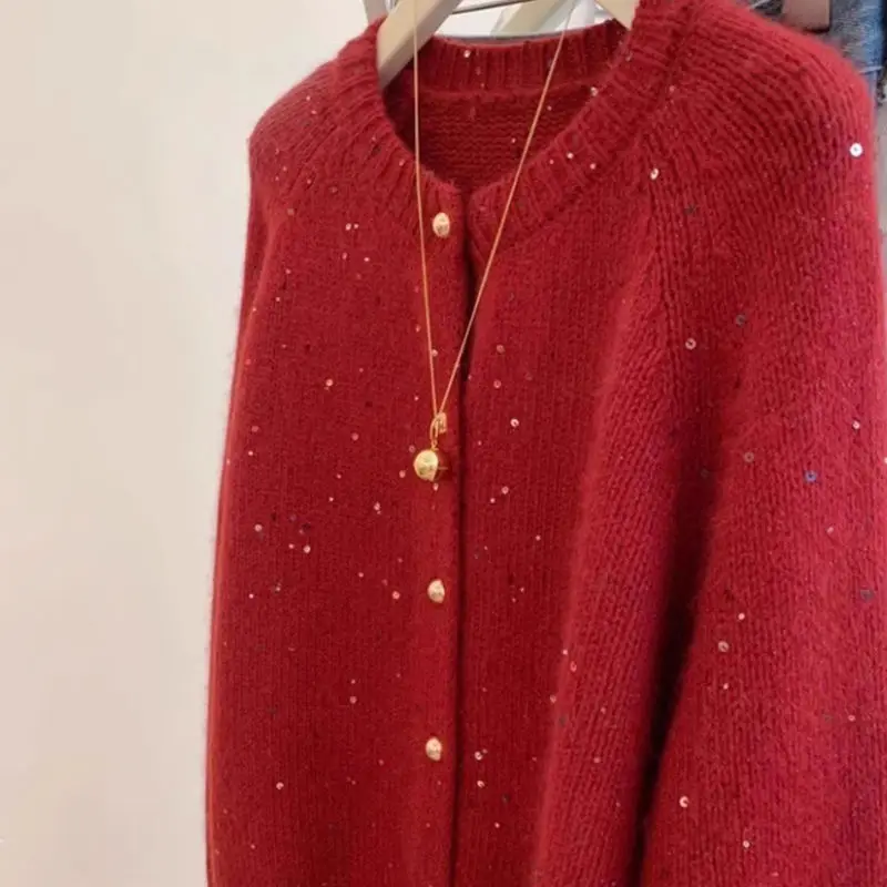 Gentle atmosphere sequined round neck sweater cardigan for women Spring and Autumn retro red soft and sticky knitted jacket