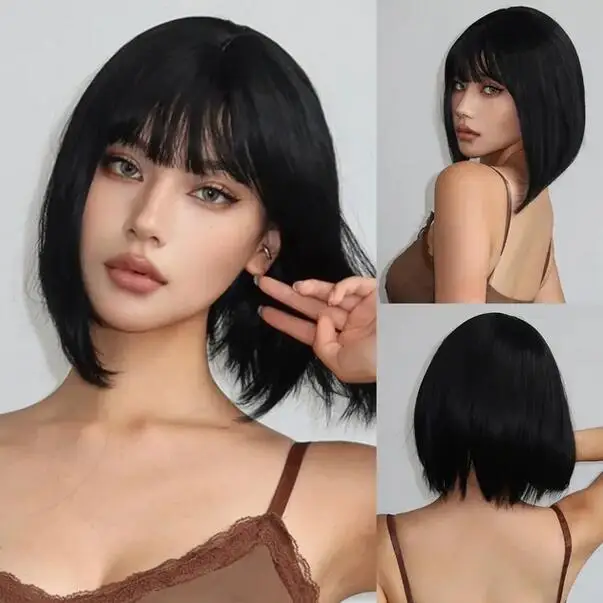 

Short Straight Wigs for Women Black Synthetic Natural Hair Wig with Bangs Heat Resistant Cosplay Daily Use Hair