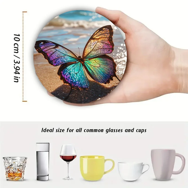 4pc/Set of Colorful Butterfly Art Coasters, Anti-Slip Wooden Coasters, Suitable for Living Rooms, Offices, Bars and Restaurants