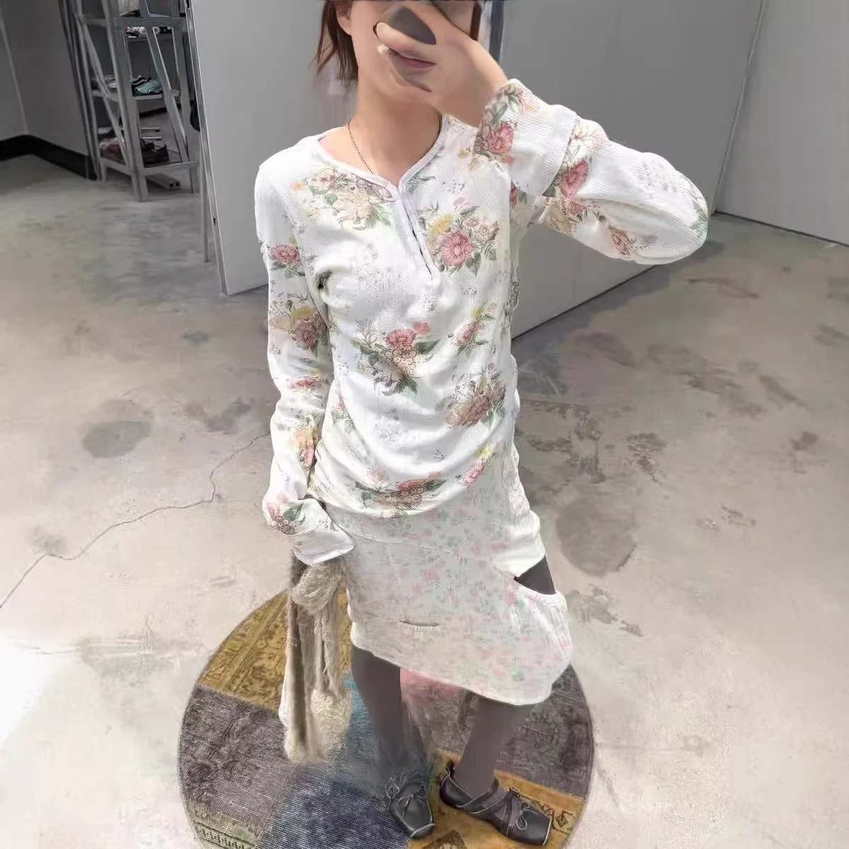 Early Spring 26 Floral Crochet Henry Collar Long Sleeve T-Shirt Korean Style Straight Cut Knitted Wool Thick Women's Top
