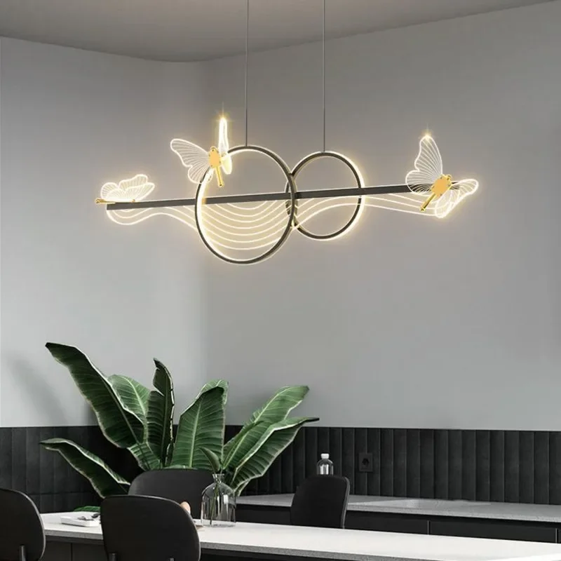 

Nordic Light Luxury LED Chandelier Modern Rectangular Black Gold for Bedroom Dining Living Room Tea Bar Creative Butterfly
