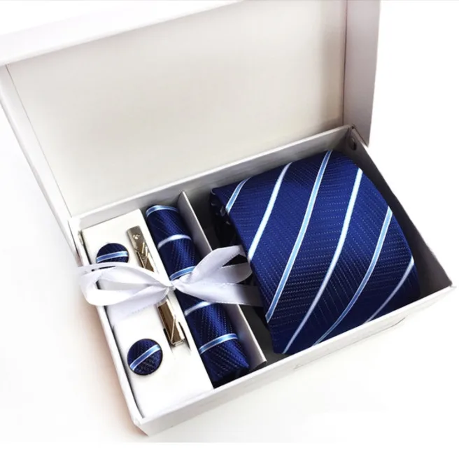 

Gift Box Design 8cm Luxury Men's Tie Set Tie Clip Handkerchief Cufflinks Tie Silk Stripes Solid Color Dot Tie for Wedding Busine