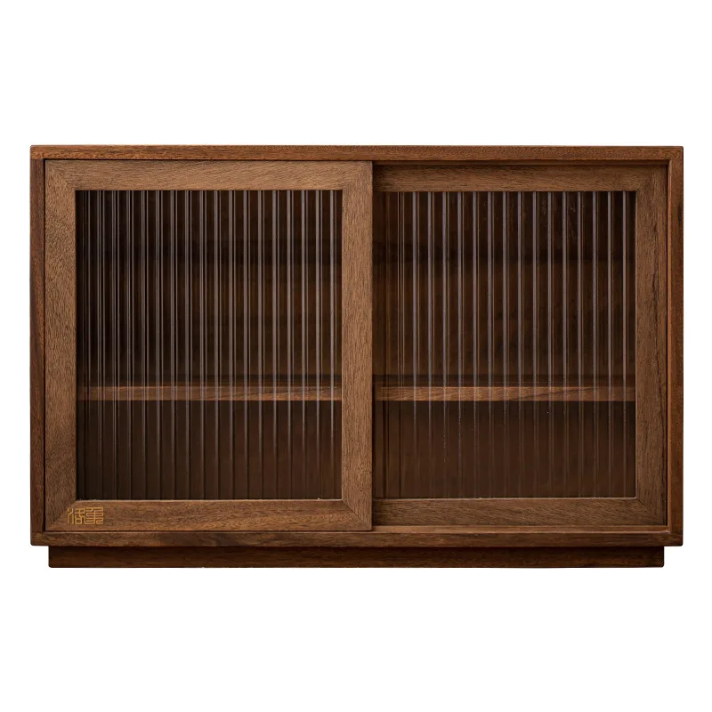 Walnut desktop storage cabinet creative sliding door sensor light dustproof tableware wine coffee water cup tea set rack