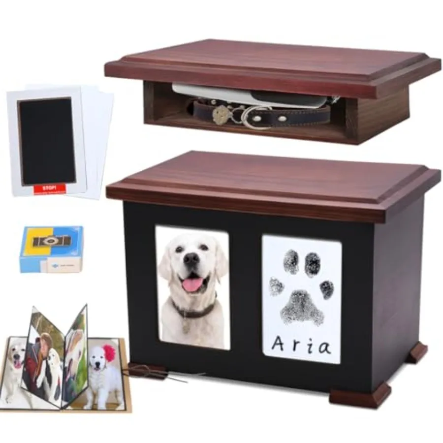 

Урна для праха собак и кошек, деревянная, до 150 фунтов, с набором для отпечатка лапы и фотоальбомом