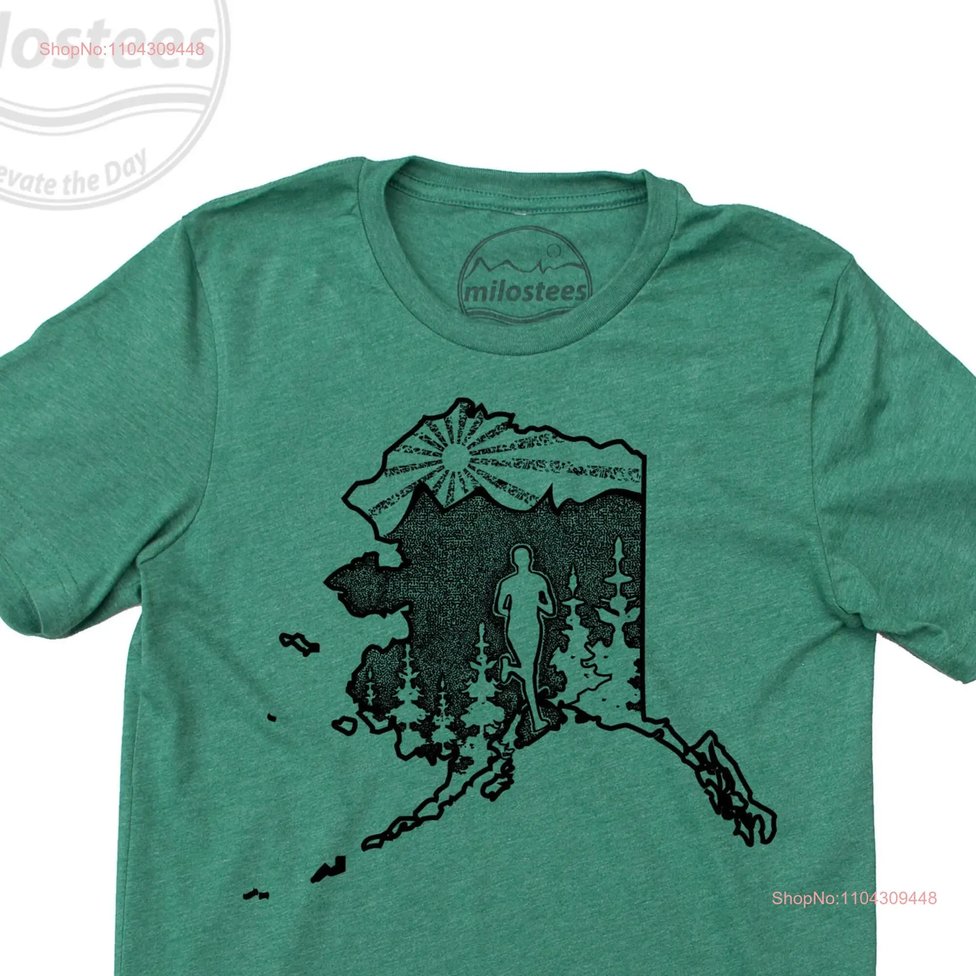 Alaska T Shirt run image on soft green hue for running in Denali or casual Anchorage wear him the midnight sun AK tee