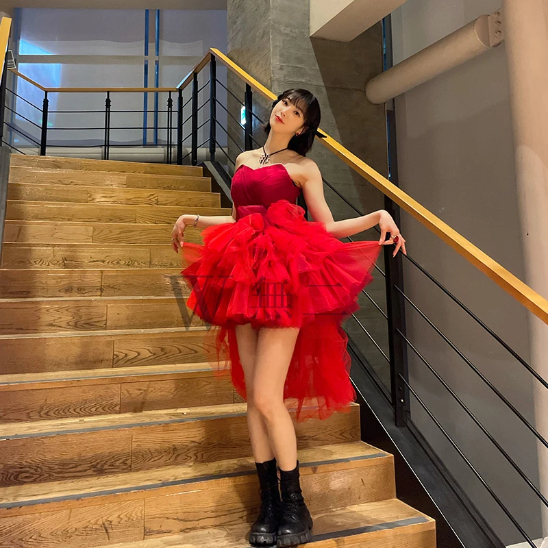 Kpop Fashion Singer Jazz Dance Costume Women Group Sexy Red Off-Shoulder Sling Dress Party Outfit Stage Performance Rave Clothes