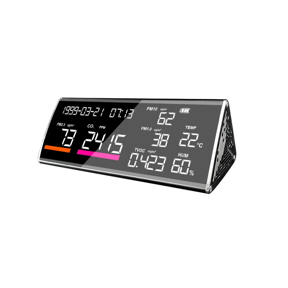 كاشف جودة الهواء CO2 PM2.5 عالي الجودة متعدد الوظائف باللون الأسود مع منفذ TVOC لدرجة الحرارة والرطوبة من النوع C ضمان لمدة سنة واحدة