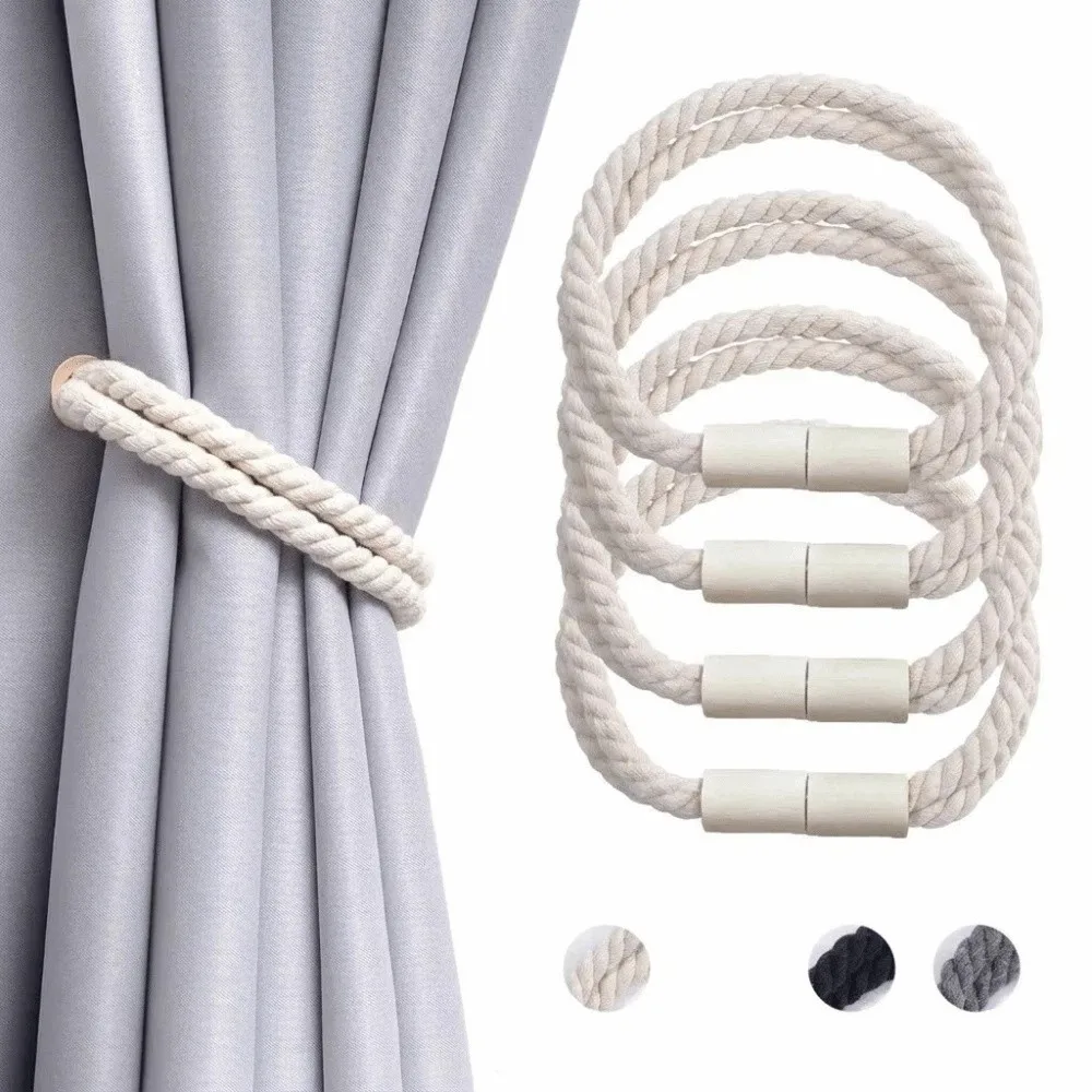 2Pcs Magnetic Curtain Tiebacks Braided Rope Wooden Buckles Curtain Holder Elegant Twist Rope Curtain Buckle Bedroom