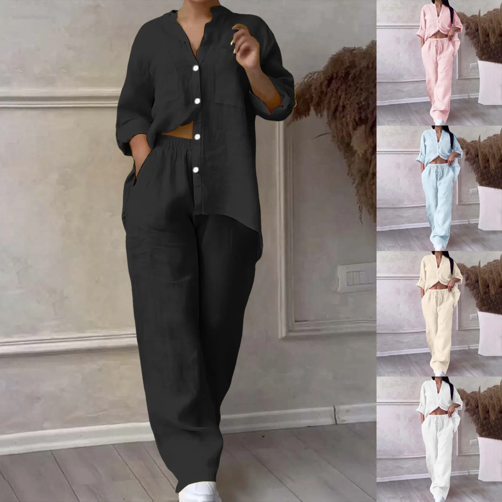 

Causal Women Set Women Wide Leg Pants Long Sleeves Pocket Shirt Outfit Loose Shirt And Pant Suit Ladies High Street 2 Piece Sets