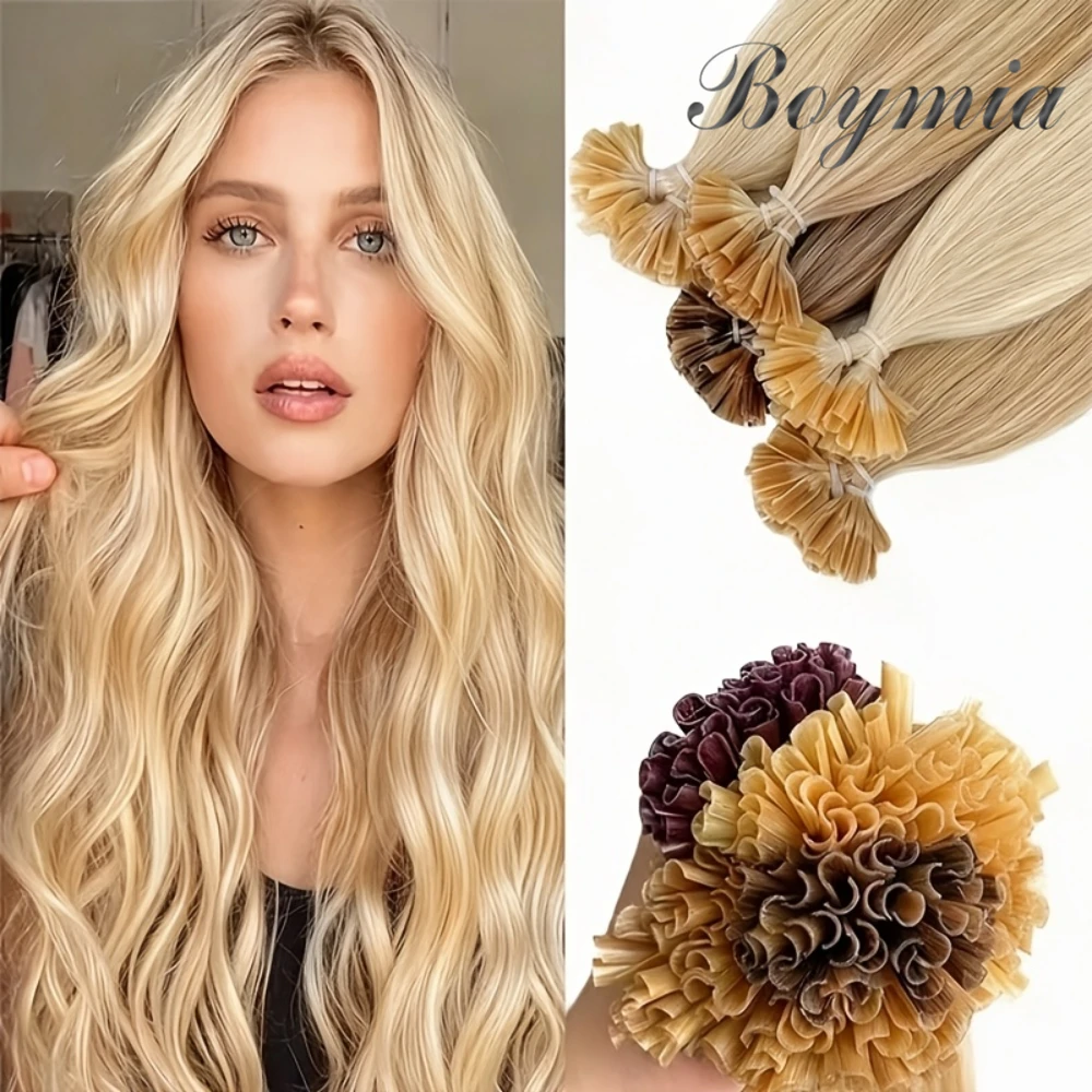 50 Strands Real Human Hair Extensions Suitable for Women with Keratin Hot Fusion U-Tip Hair - Straight Natural Black Brown & Blonde Highlights, 30g Per Pack for Blending, Volume & Lengthening, Suitable for All Ethnicities