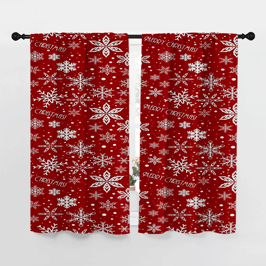 2PCS Christmas Digital Print Curtains, Red BG White Snowflakes Pattern Simple, Classic for Living Room Bedroom Window Decor