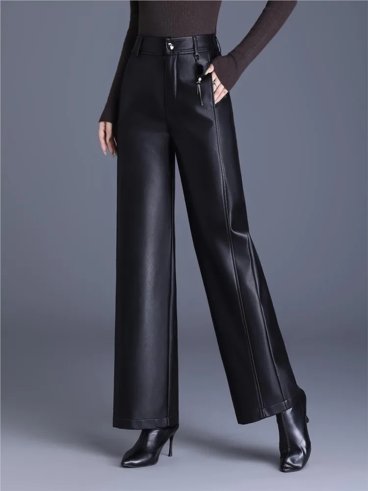 ZUZK New Minimalist Commuter PU Leather Long Pants Women Elastic Waist Autumn Winter Casual Straight Office Lady Trousers