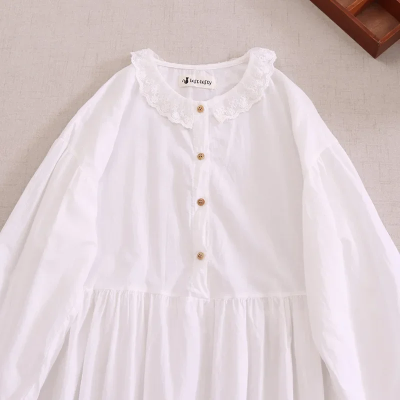 Fall Vintage Cotton Linen Long Sleeve Lace Collar Basic Tunic White Mide Dress Sweet Mori Girl Cottagecore Classy Loose Dress