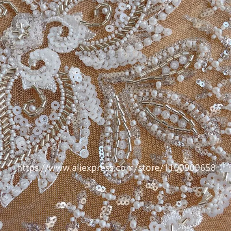 Embroidered Lace Fabric for Wedding Dress, 3D Flowers Beaded Sequins, Pearl Tube, Senior Shining Bride Fabric, RS4076