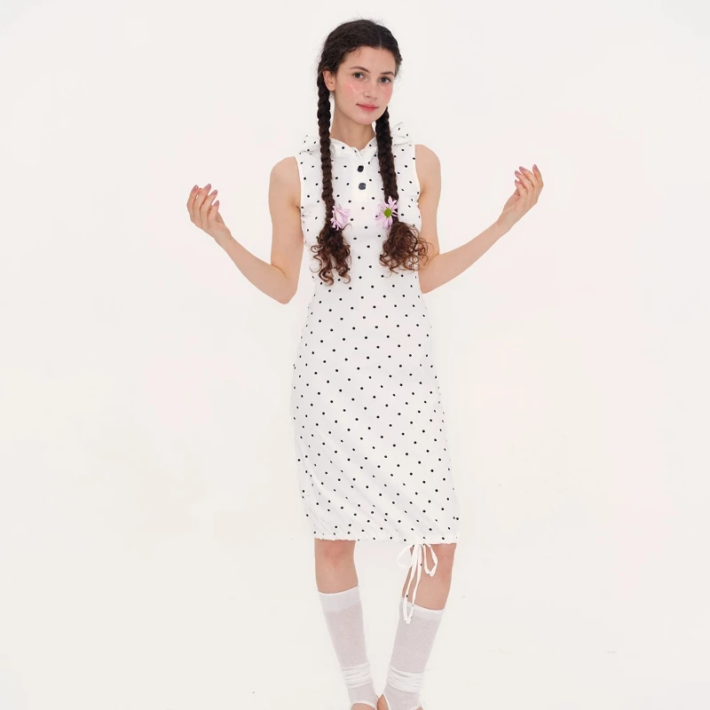 Korean White Polka Dot Stretchy Hooded Casual Drawstring Women's Dress 2025 Summer New Versatile Sleeveless Tank Dresses Ladies