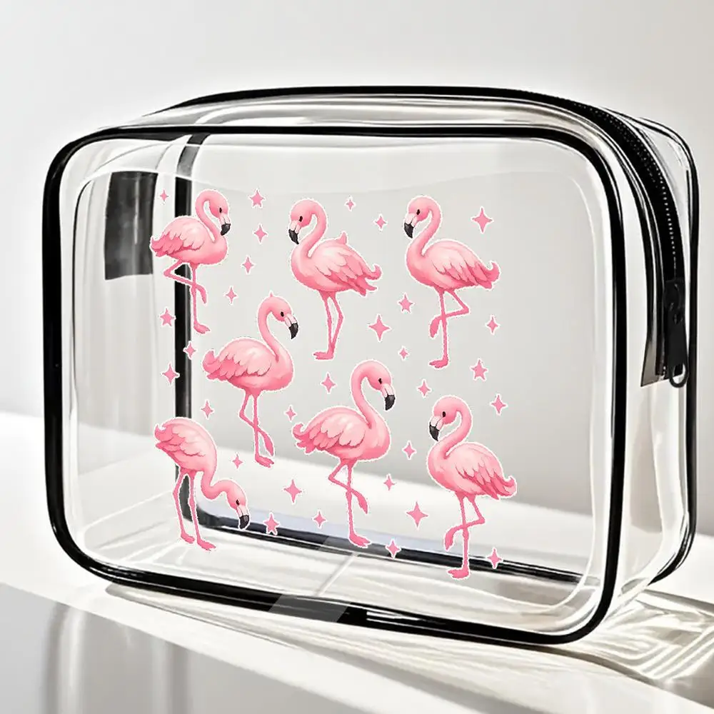 Pink Flamingos Clear Pvc Makeup Bag Kawaii Style with Sparkle Accents Black Trim Zippered Portable Cosmetic Pouch Waterproof
