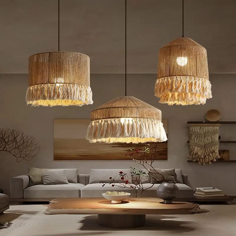 

Bohemian Vintage Chandelier Hemp Rope Tassel Pendant Light Woven Ceiling Hanging Lamp for Dining Room Bedroom Indoor Lighting