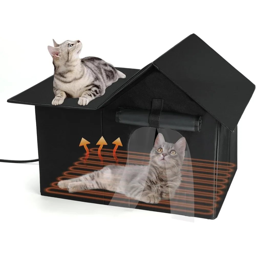 Outdoor Weatherproof Cat House for Winter, Heated Cat House for Outdoor with Pet Heating Pad, Large Warm Feral Cat Home