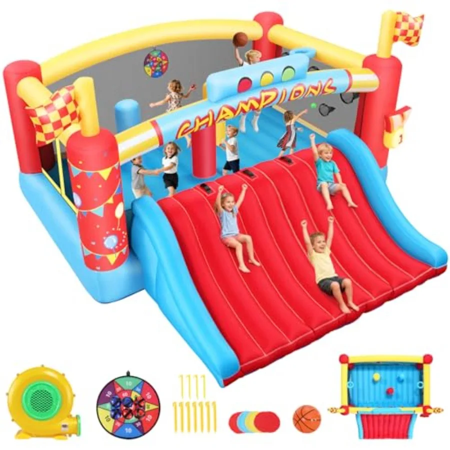 

Надувной батут 13,4 x 13 футов с очень широкой горкой и скалодромом, для улицы и дома, синий, для больших детей