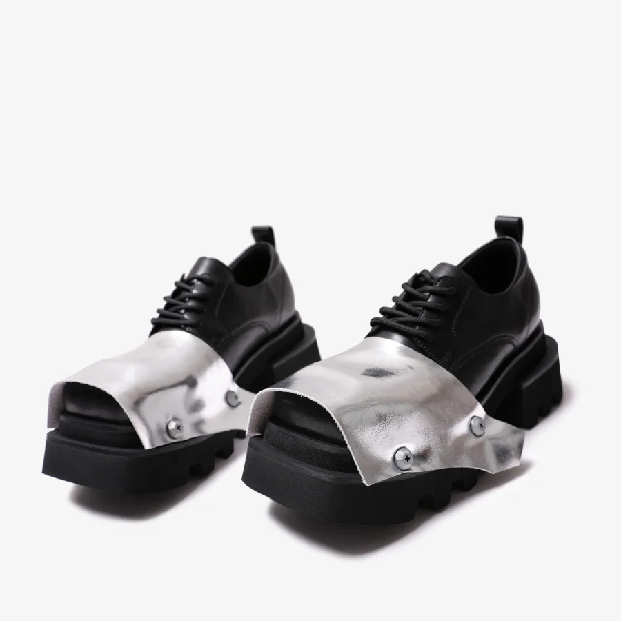Black Leather Derby Shoes Unisex Chunky Platform Height Increasing Punk Shoes Irregular Silver Patch Screw Decor Gothic Shoes